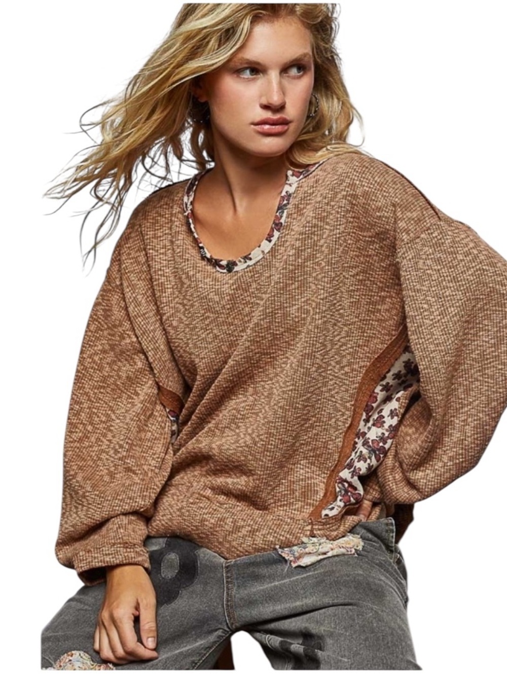 POL Brown Scoop Neck Balloon Sleeve with Floral accents Top